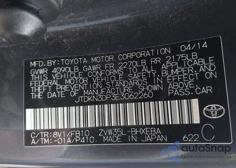 2014 Toyota Prius Plug-In from USA, damaged, VIN JTDKN3DP3E3062260